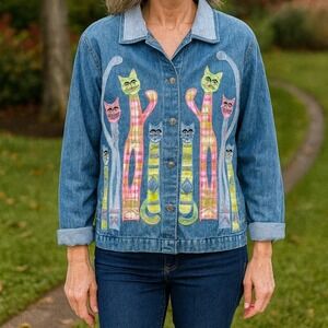 Vtg Tantrums Small Denim Jacket Embroidered Patchwork Cats Whimsical Cottage
